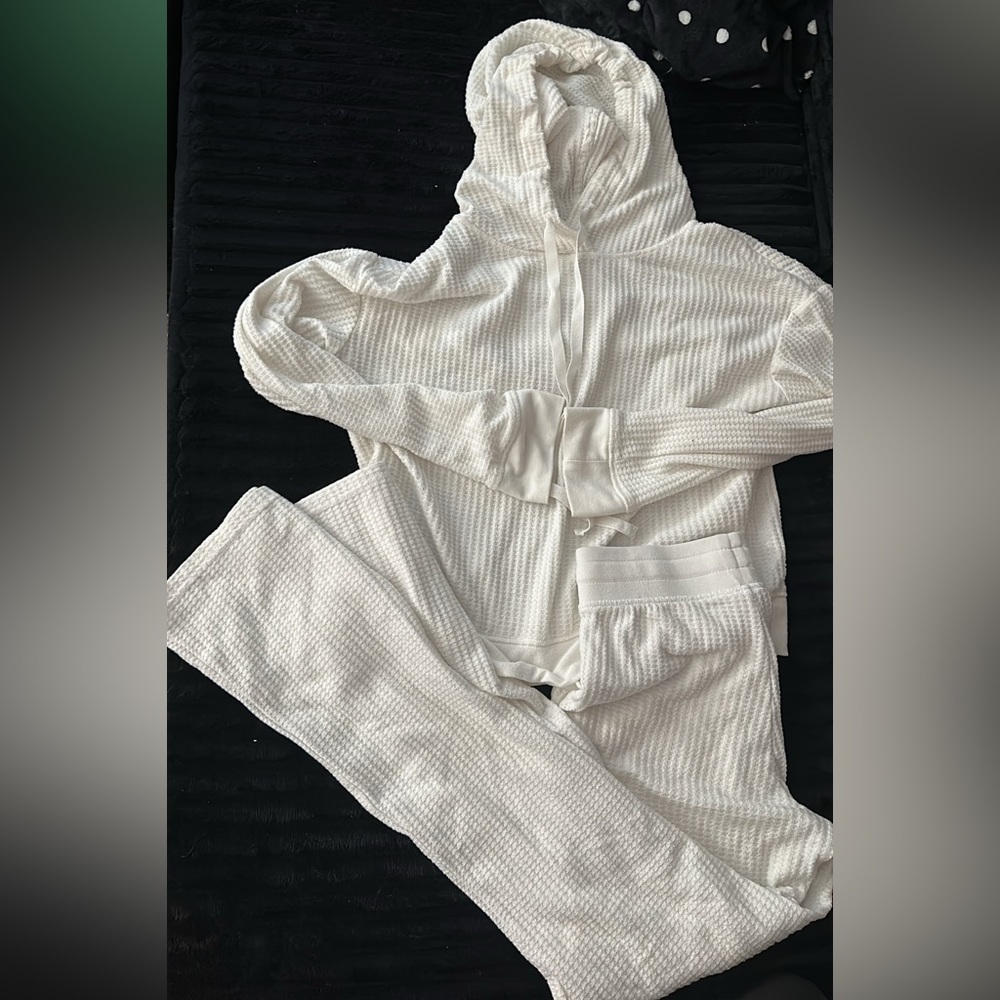 Cozy White Waffle Knit Hoodie and Pants Set